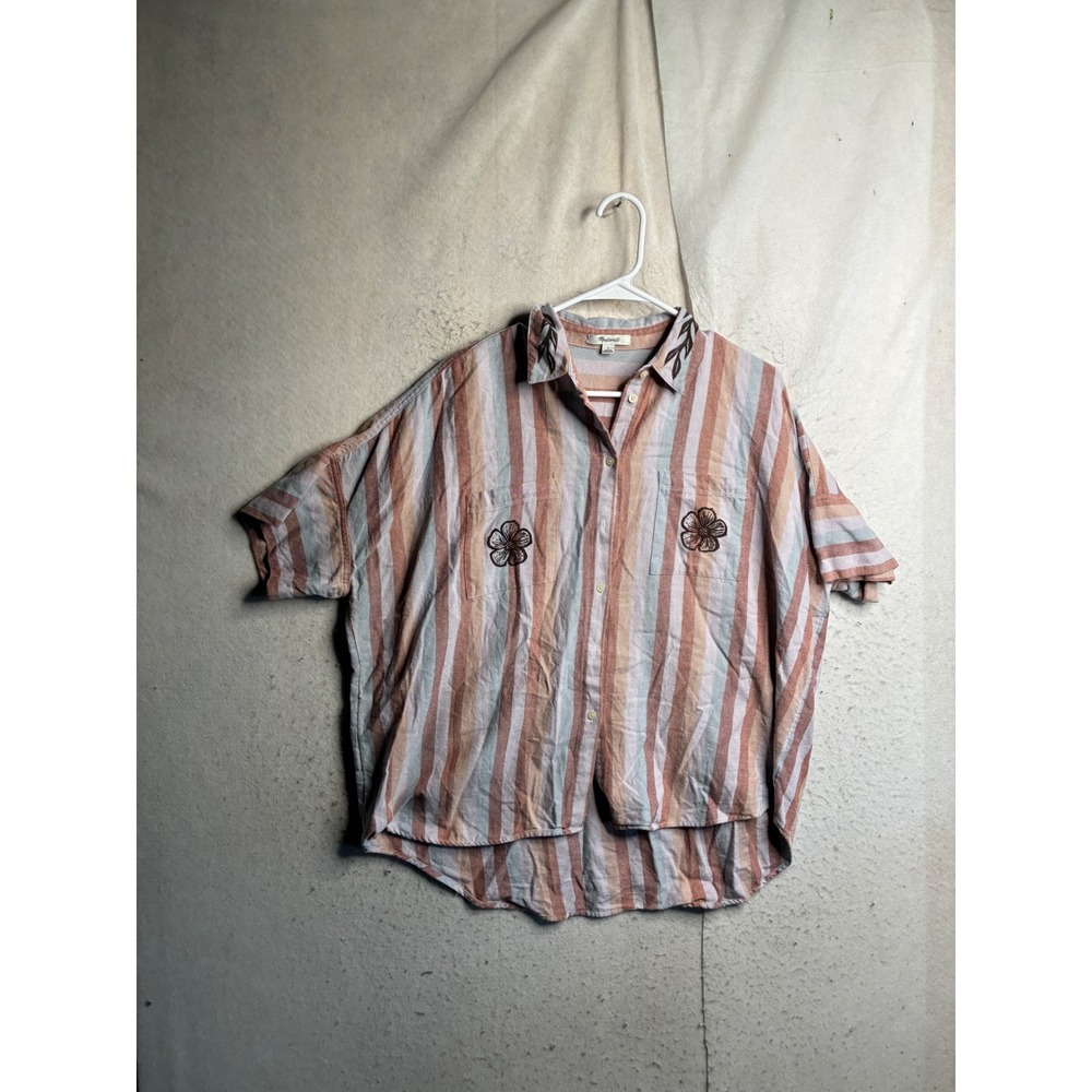 Madewell Striped Floral Graphic Button Down Shirt Short Sleeve Boxy Cotton L